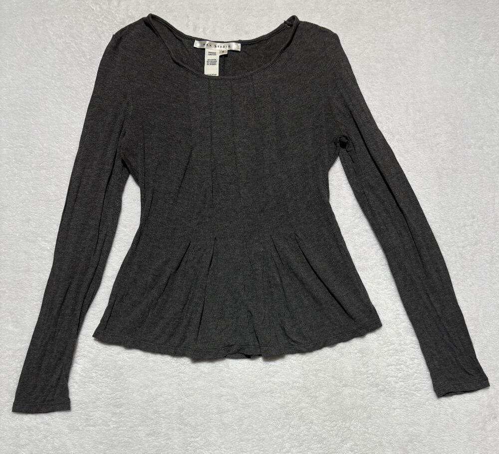Max Studio Shirt Womens Small Gray Pleated Long Sleeve Rayon Stretch Blouse